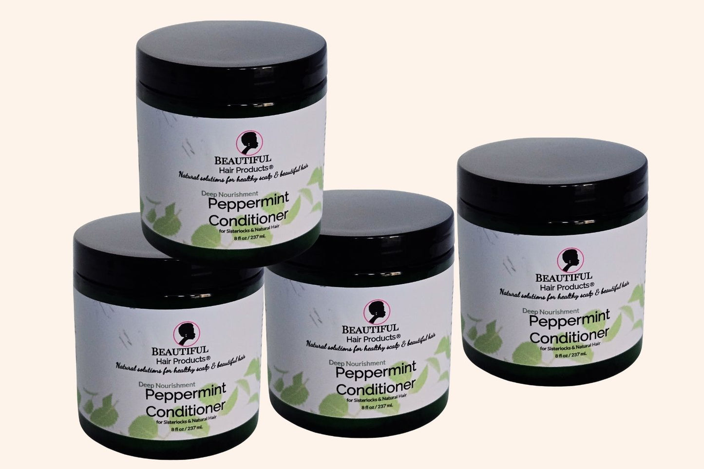 Four jars of Peppermint Deep Conditioning Cream jar, 8oz replenishing treatment with green and pink label for low porosity dry natural hair