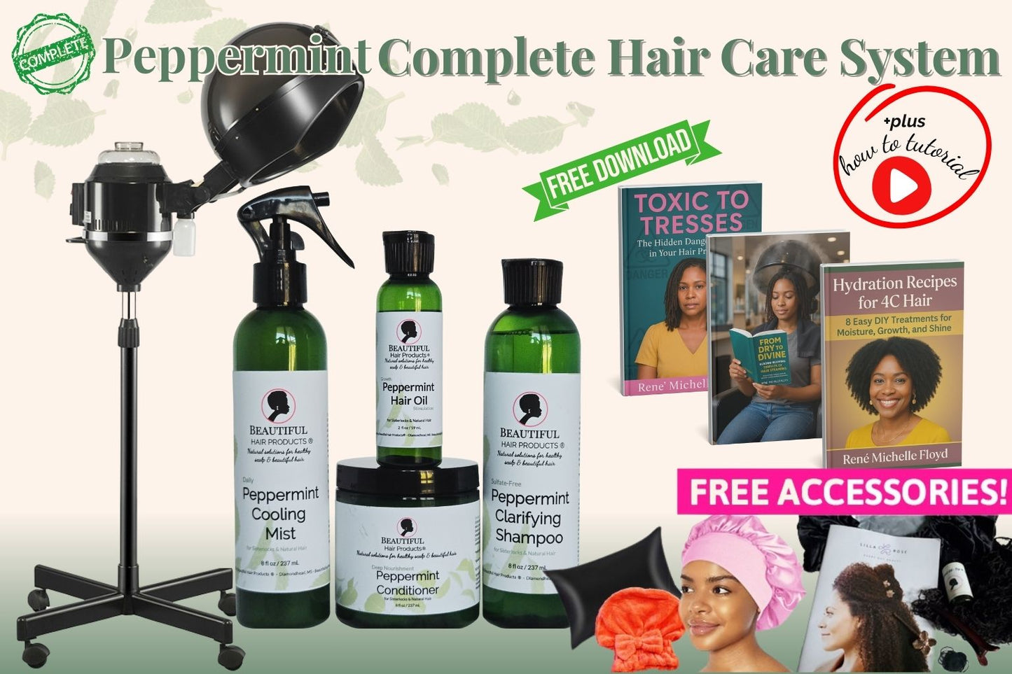 Peppermint Complete Hair Care System with all peppermint products, professional steamer, and premium accessories for scalp health and growth stimulation