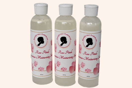 Three bottles of Rose Petals Sulfate-Free Shampoo 8oz bottle with pink and cream label for gentle medium porosity hair cleansing