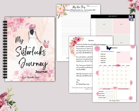 Sisterlocks Journey Journal with elegant cover design and spiritual journey imagery in purple and cream brand colors