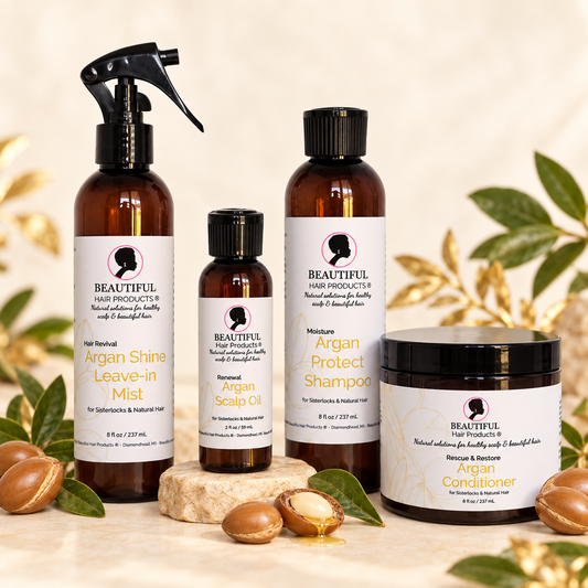 Four Beautiful Hair Products in the Argan Gold Starter Routine Kit for medium porosity Sisterlocks: Argan Shine Leave-in Mist, Argan Scalp Oil, Argan Protect Shampoo, and Argan Conditioner.