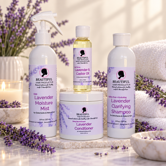 Four Beautiful Hair Products in the Lavender Luxe Starter Routine Kit for high porosity Sisterlocks: Lavender Moisture Mist, Lavender and Castor Oil, Lavender Conditioner, and Lavender Clarifying Shampoo.