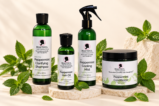 Four Beautiful Hair Products in the Peppermint Power Starter Routine Kit for low porosity Sisterlocks: Peppermint Clarifying Shampoo, Peppermint Cooling Mist, Peppermint Hair Oil, and Peppermint Conditioner.