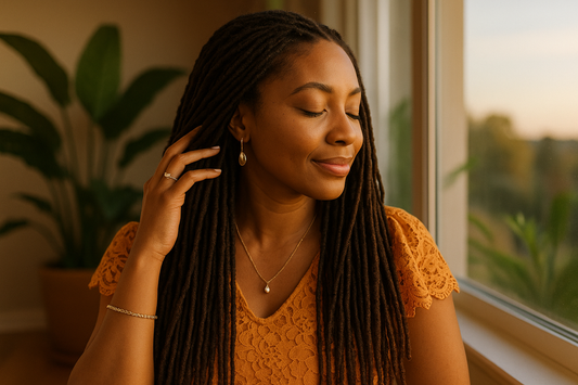 Black woman with Sisterlocks gently touching her hair, symbolizing moisturized and hydrated hair health.