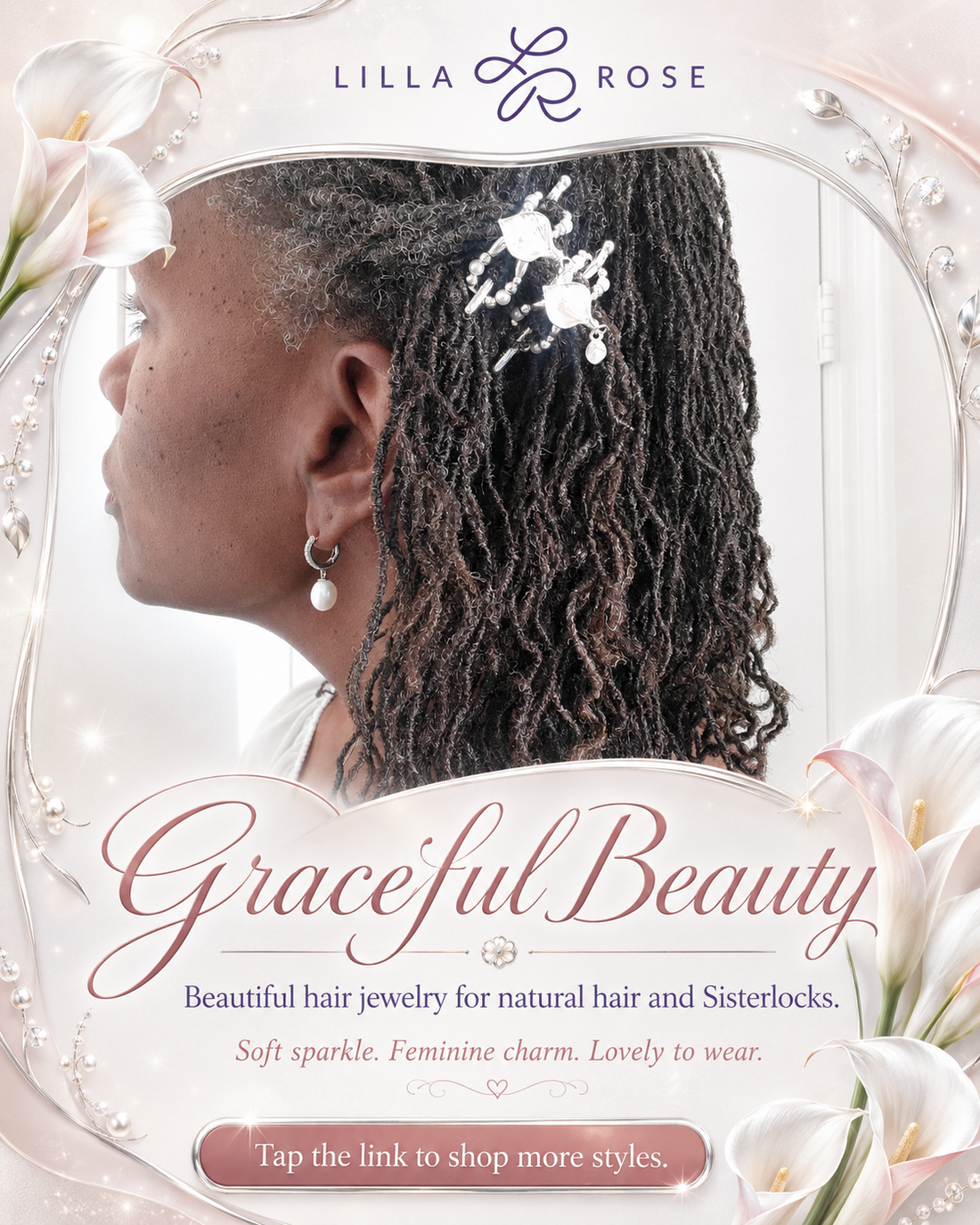 Elegant Lilla Rose calla lily hair accessory styled in Sisterlocks for weddings, formal events, birthdays, gifts, and special occasions.