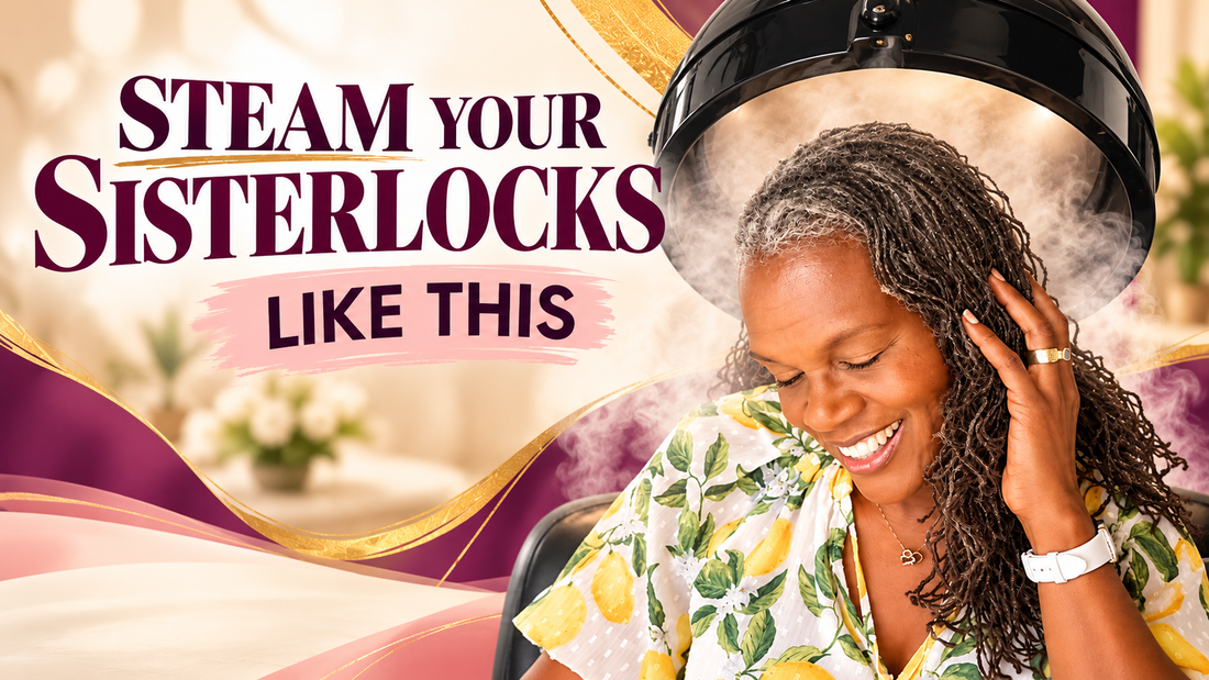 Rene’ Michelle Floyd under Stella hooded hair steamer for a step-by-step Sisterlocks Steaming 101 tutorial.