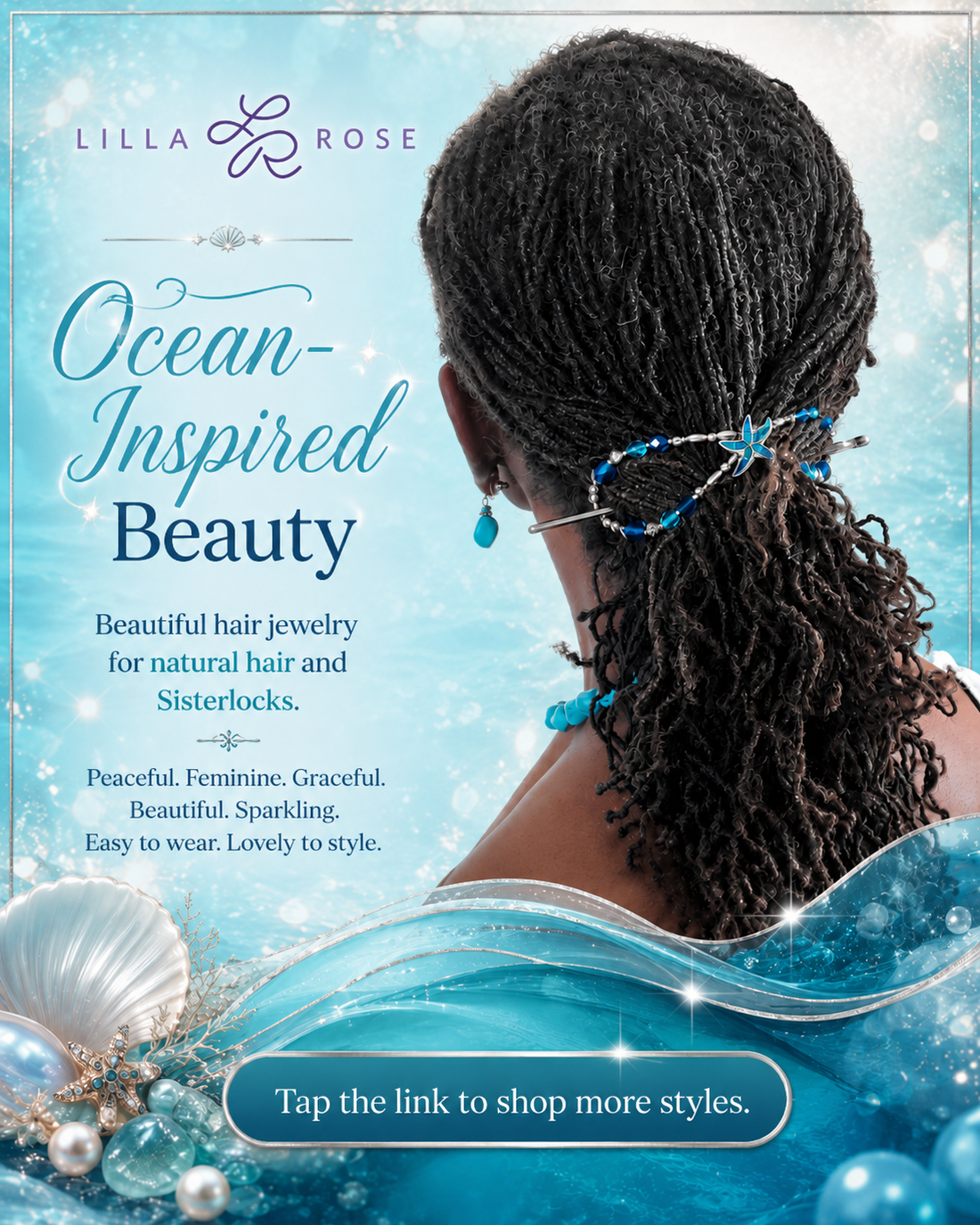 Ocean-inspired Lilla Rose hair accessory with turquoise beads styled in gray Sisterlocks, featuring a soft blue sparkling design and shop more styles call-to-action.