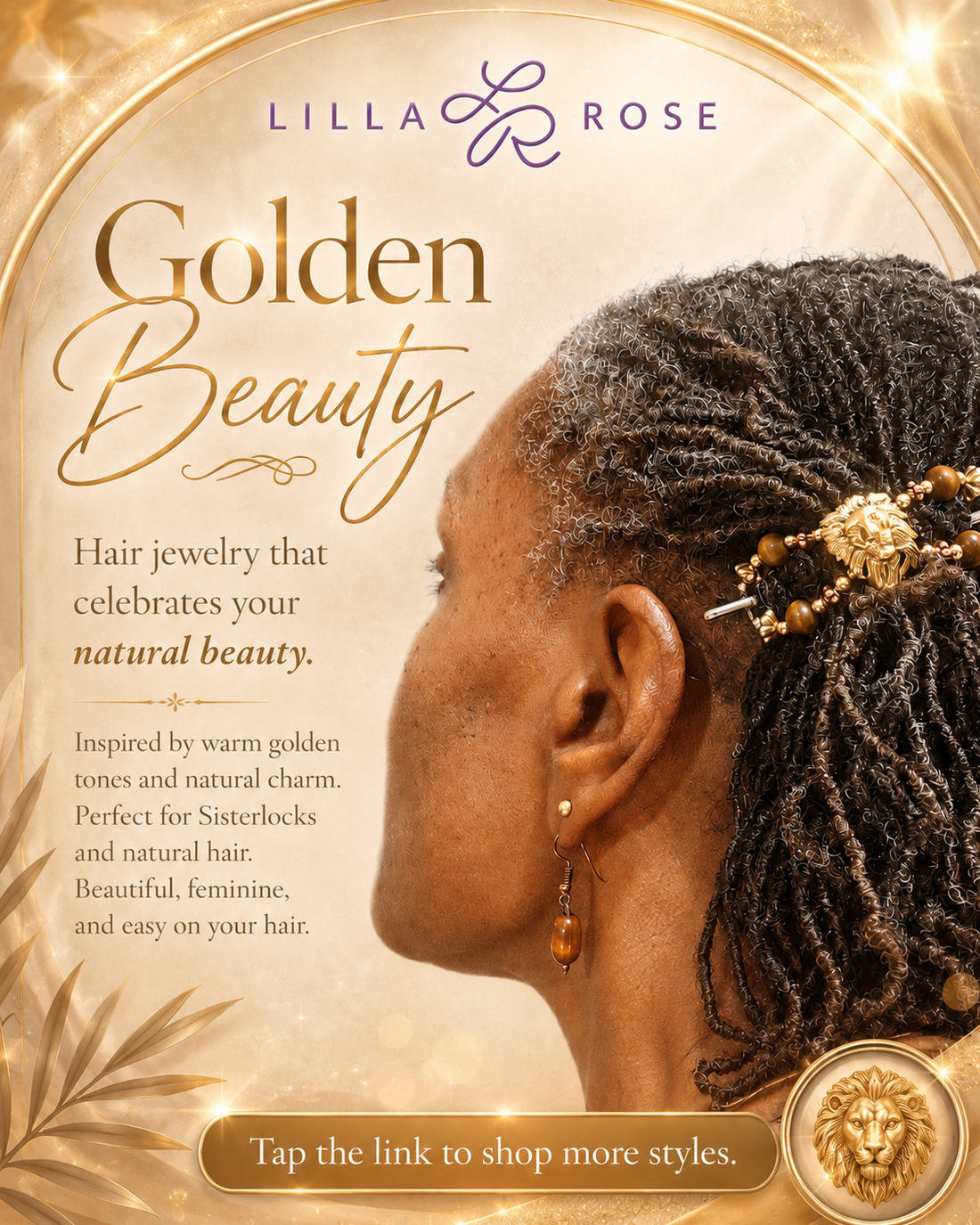 Golden Lion Lilla Rose hair accessory with gold tones and wood-inspired beads styled in gray Sisterlocks for natural hair beauty.