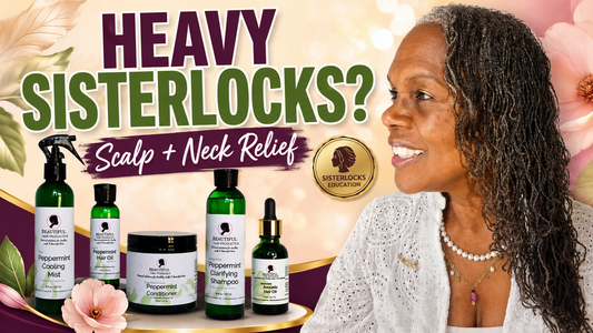 YouTube thumbnail featuring Rene’ Michelle Floyd with long gray Sisterlocks beside Beautiful Hair Products Peppermint Power Scalp & Growth Collection and Green-Gold Avocado Hair Oil, with bold text reading “Heavy Sisterlocks?” and “Scalp + Neck Relief.”
