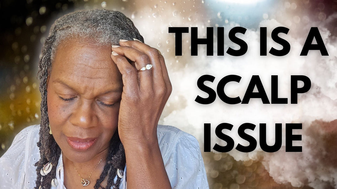 Black woman with Sisterlocks experiencing scalp inflammation illustrated with hair follicle diagram