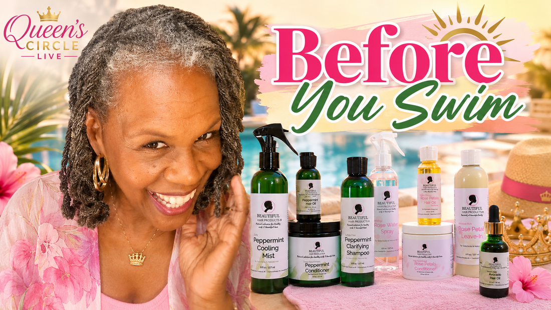 black woman on vacation with beautiful hair products to use before swimming