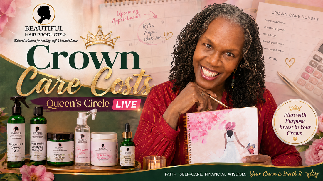 Mature Black woman with gray-highlighted Sisterlocks reviewing a crown care budget at a desk with a planner, calendar, hair products, and soft candlelight.