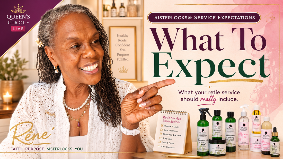 Queen’s Circle LIVE thumbnail featuring Rene’ Michelle Floyd with Sisterlocks teaching what to expect at a Sisterlocks retie appointment, with Beautiful Hair Products displayed for scalp care, moisture, and crown support.