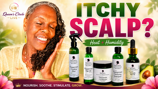 A Queen’s Circle LIVE YouTube thumbnail featuring Rene’ Michelle Floyd smiling with Sisterlocks, Beautiful Hair Products Peppermint Collection and Green-Gold Avocado Hair Oil