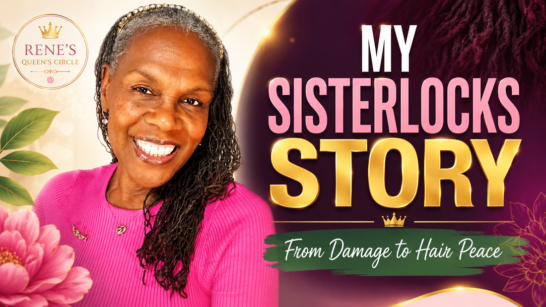 YouTube thumbnail featuring Rene’ Michelle Floyd smiling with gray Sisterlocks and a pink top, with bold text reading “My Sisterlocks Story” and “From Damage to Hair Peace,” promoting her Sisterlocks journey replay.