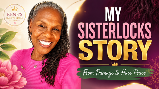 YouTube thumbnail featuring Rene’ Michelle Floyd smiling with gray Sisterlocks and a pink top, with bold text reading “My Sisterlocks Story” and “From Damage to Hair Peace,” promoting her Sisterlocks journey replay.