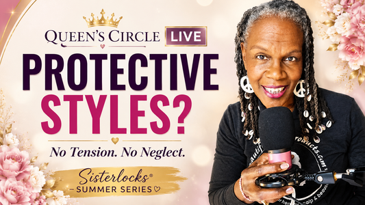 Rene’ Michelle Floyd holding a microphone on a Queen’s Circle LIVE thumbnail about protective styles for Sisterlocks without tension or neglect.