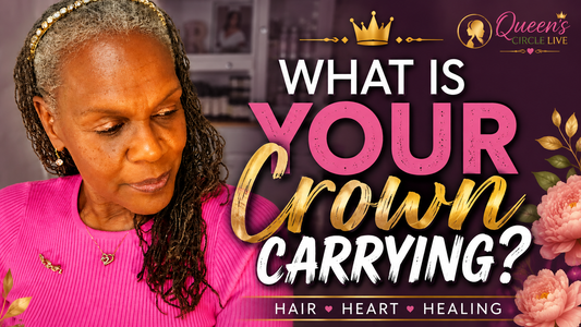 Rene’ Michelle Floyd in a bright pink top with gray Sisterlocks looking down reflectively beside the words “What Is Your Crown Carrying?” for a Queen’s Circle LIVE lesson about caring for the woman underneath the crown.