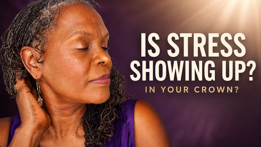 Rene’ Michelle Floyd with eyes gently closed and one hand near her salt-and-pepper Sisterlocks beside the words “Is stress showing up in your crown?”