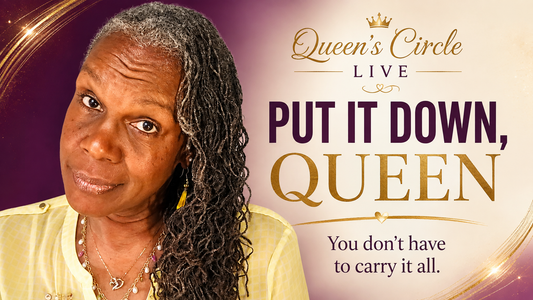 Rene’ Michelle Floyd with long Sisterlocks beside the words “Put It Down, Queen,” promoting a Queen’s Circle LIVE conversation about Sisterlocks, stress and receiving support.