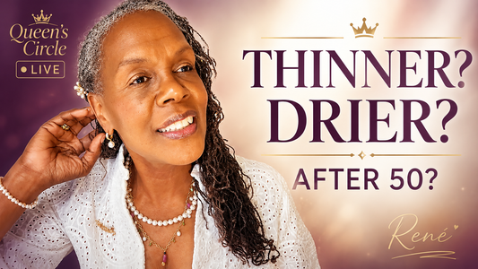 Rene’ Michelle Floyd touching her Sisterlocks beside the words “Thinner? Drier? After 50?” for a Queen’s Circle LIVE discussion about changing Sisterlocks after age 50.