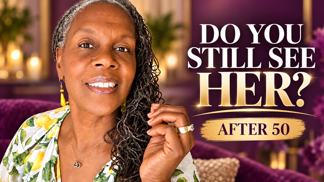 Rene’ Michelle Floyd with gray Sisterlocks beside the words “Do You Still See Her? After 50?” for a Queen’s Circle LIVE conversation about beauty and confidence after 50.