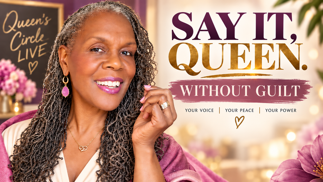 Rene’ Michelle Floyd with gray Sisterlocks beside the words “Say It, Queen — Without Guilt” for a conversation about women over 50 finding their voice.