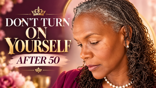 Rene’ Michelle Floyd with salt-and-pepper Sisterlocks beside the words “Don’t Turn on Yourself After 50” for a Queen’s Circle LIVE about Sisterlocks, self-talk and confidence.