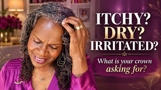Rene’ Michelle Floyd touching her scalp beside the words “Itchy? Dry? Irritated?” promoting a Queen’s Circle LIVE discussion about Sisterlocks scalp comfort, gentle care, and when to seek professional help.