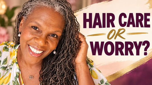 Rene’ Michelle Floyd with salt-and-pepper Sisterlocks beside the words “Hair Care or Worry?” for a Queen’s Circle LIVE conversation about Sisterlocks, faith, self-care, anxiety, and Hair Peace.