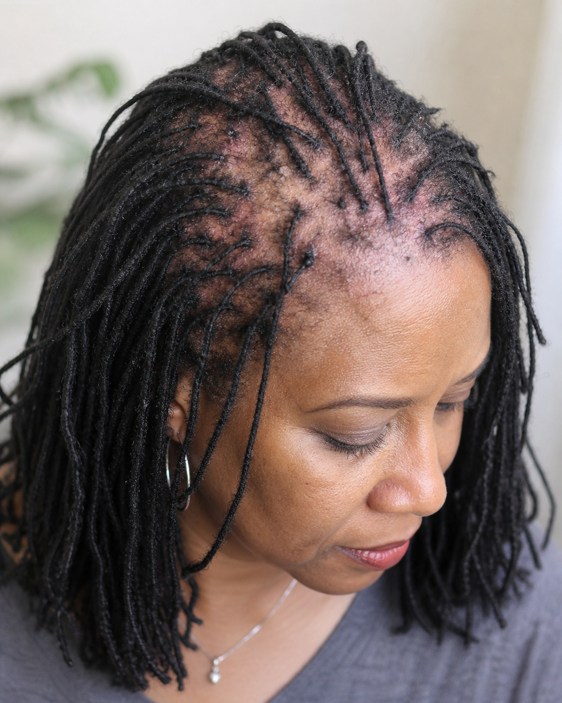 Middle-aged Black woman with Sisterlocks showing visible crown thinning, scalp redness, and signs of follicle inflammation.