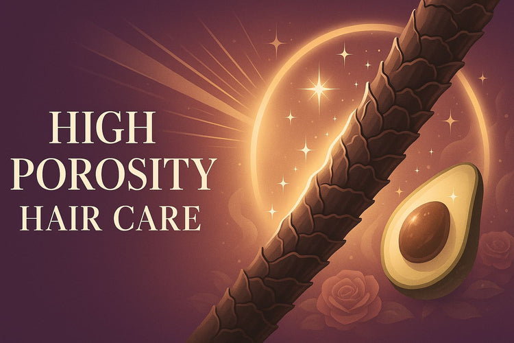 High Porosity Hair Care banner with damaged cuticles being repaired and sealed in deep purple and cream brand colors