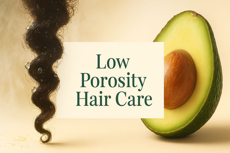 Low Porosity Hair Care banner with tightly closed hair cuticles and gentle penetration imagery in green and cream brand colors