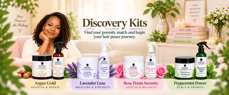 Discovery Kits banner with mature Black woman with fine Sisterlocks and Beautiful Hair Products Argan Gold, Lavender Luxe, Rose Petals Serenity, and Peppermint Power kits.