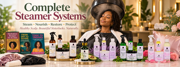 Complete Steamer Systems collection hero featuring Beautiful Hair Products porosity-matched hair care, Stella hair steamer, hydration and steaming books, and hair care accessories for Sisterlocks.