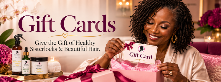 Beautiful Hair Products Gift Cards collection hero featuring a mature Black woman with Sisterlocks opening a gift box and holding a Beautiful Hair Products gift card.