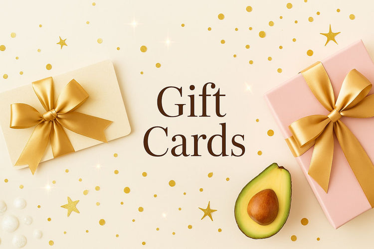 Gift Cards banner with luxurious gift card imagery and celebratory elements in gold and pink on cream brand colors