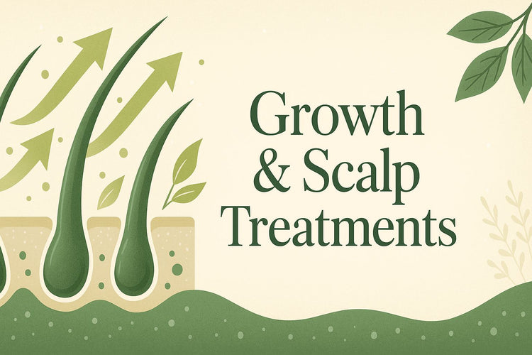 Growth and scalp treatments banner with hair follicles, growth arrows and scalp health imagery in green and cream brand colors