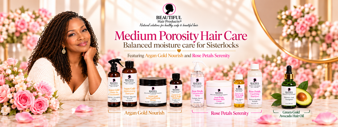 Medium Porosity Hair Care collection hero for Sisterlocks featuring Argan Gold Nourish, Rose Petals Serenity, and Green-Gold Avocado Hair Oil.