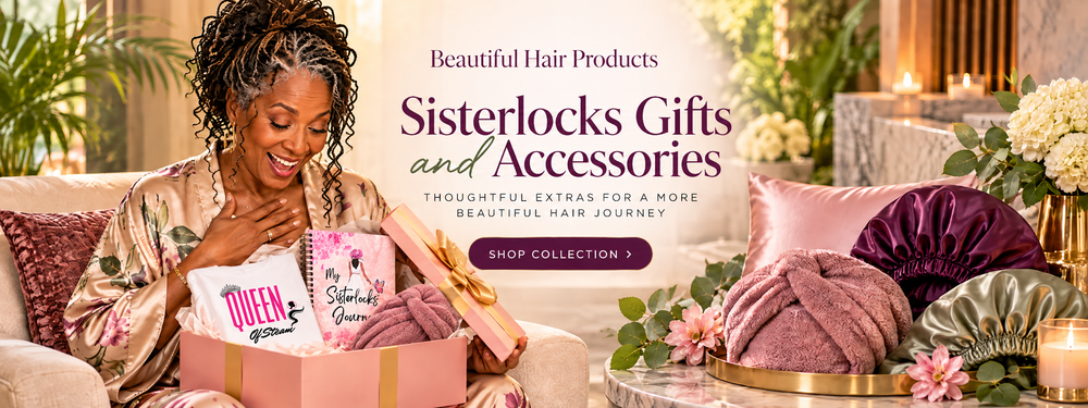 Sisterlocks Gifts & Accessories collection hero featuring a mature Black woman opening a gift box with a Queen of Steam shirt, My Sisterlocks Journey Journal, towel cap, satin caps, and pillowcase.