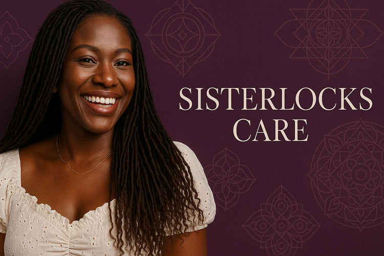 Sisterlocks Care banner with beautiful black woman wearing long Sisterlocks, white eyelet blouse, intricate lock patterns and protective care imagery in purple and cream brand colors