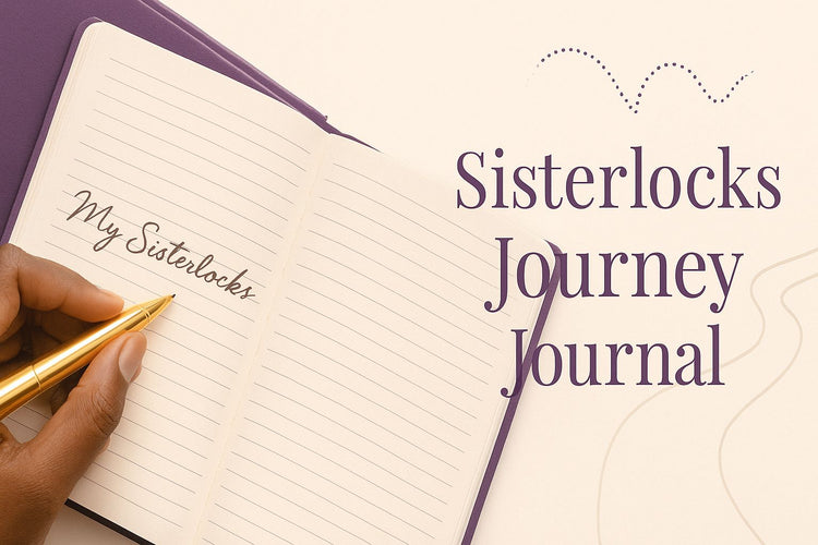 Sisterlocks Journey Journal banner with elegant writing elements and spiritual journey imagery in purple and cream brand colors