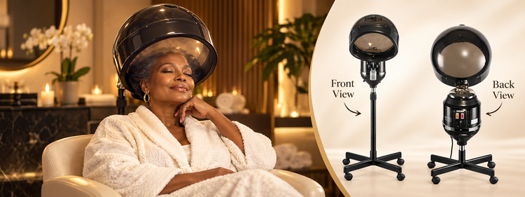 Stella Hair Steamer collection hero featuring a mature Black woman relaxing under the steamer with front and back product views.
