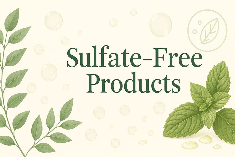 Sulfate-free products banner with natural cleansing elements and gentle formulation imagery in green and cream brand colors