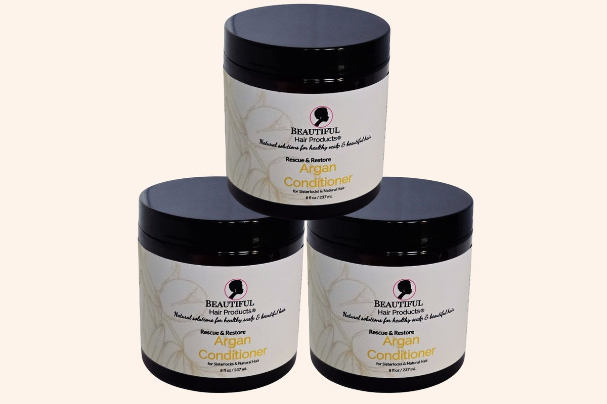 Three jars of Argan Rescue and Restore Conditioner for medium porosity Sisterlocks
