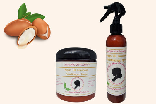 Argan Crown Nourish Starter Kit with shine mist bottle, conditioning cream jar and care guide for medium porosity hair