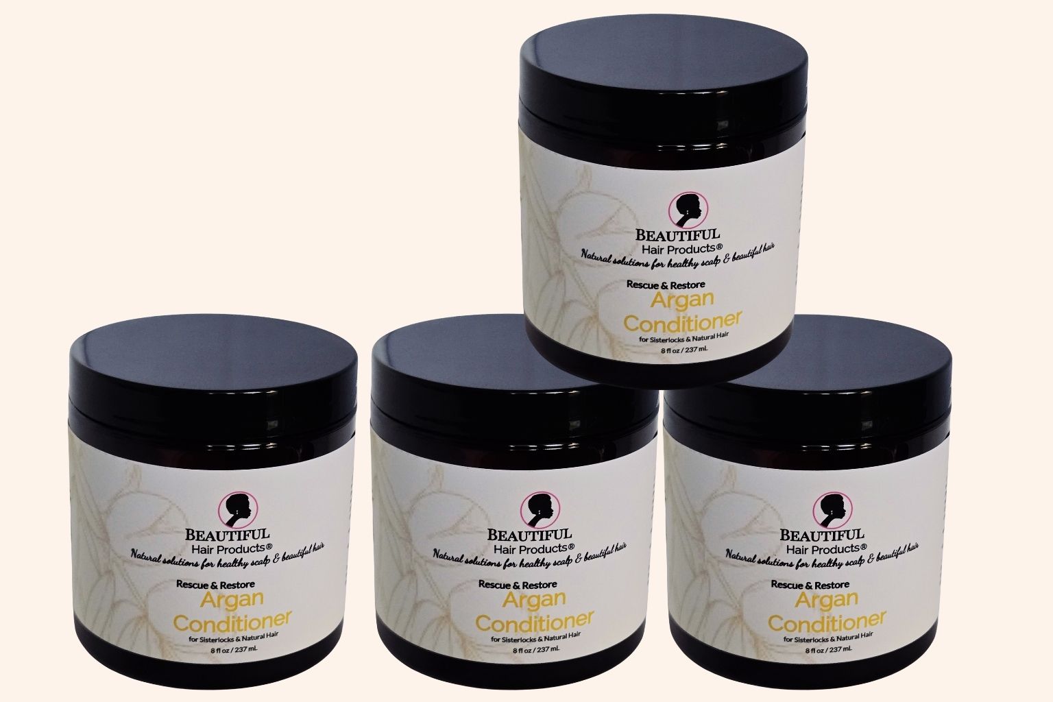 4 jars of Argan Rescue & Restore Conditioner Cream 8oz jar with gold and cream label for damaged hair deep treatment