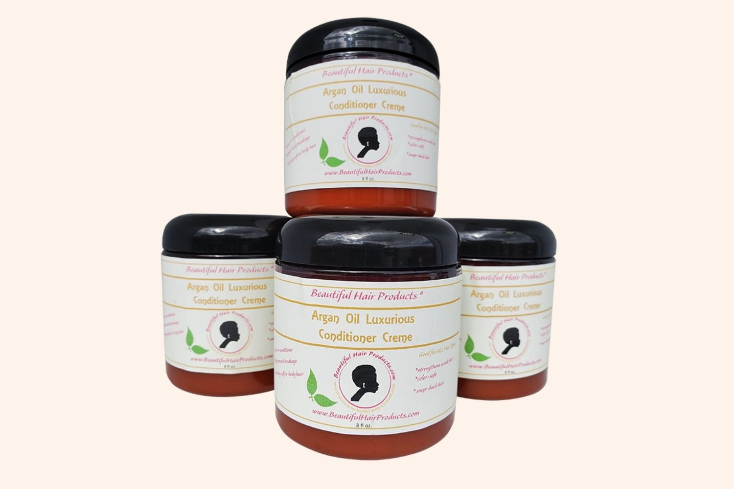 4 jars of Argan Rescue & Restore Conditioner Cream 8oz jar with gold and cream label for damaged hair deep treatment