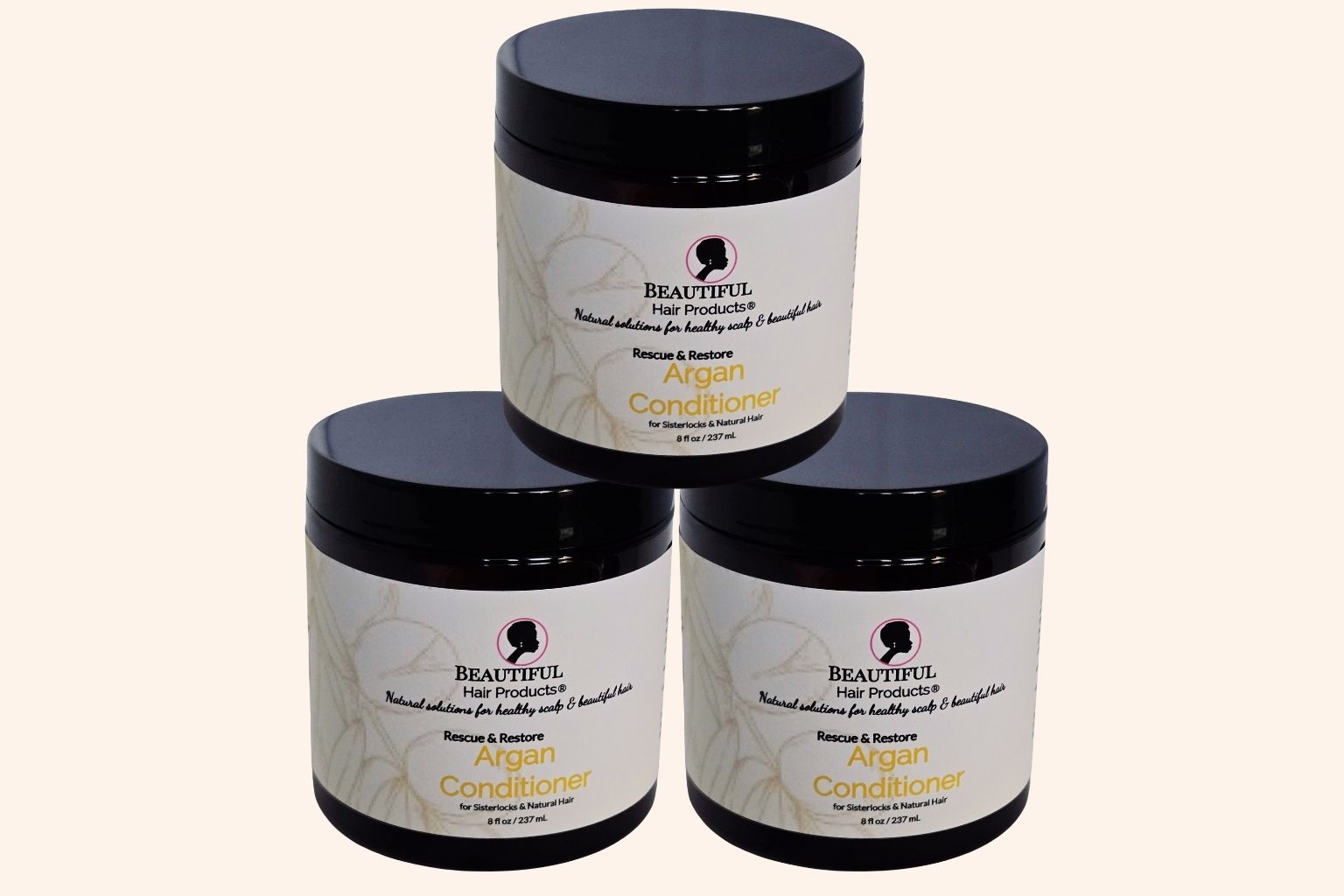 3 jars of Argan Rescue & Restore Conditioner Cream 8oz jar with gold and cream label for damaged hair deep treatment