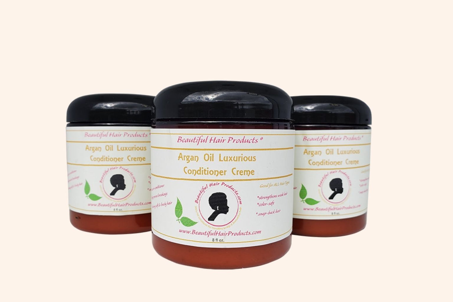 3 jars of Argan Rescue & Restore Conditioner Cream 8oz jar with gold and cream label for damaged hair deep treatment